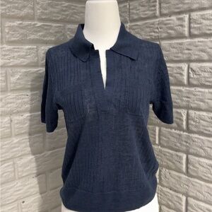 J. Crew Dark Blue Linen V-neck Polo Shirt